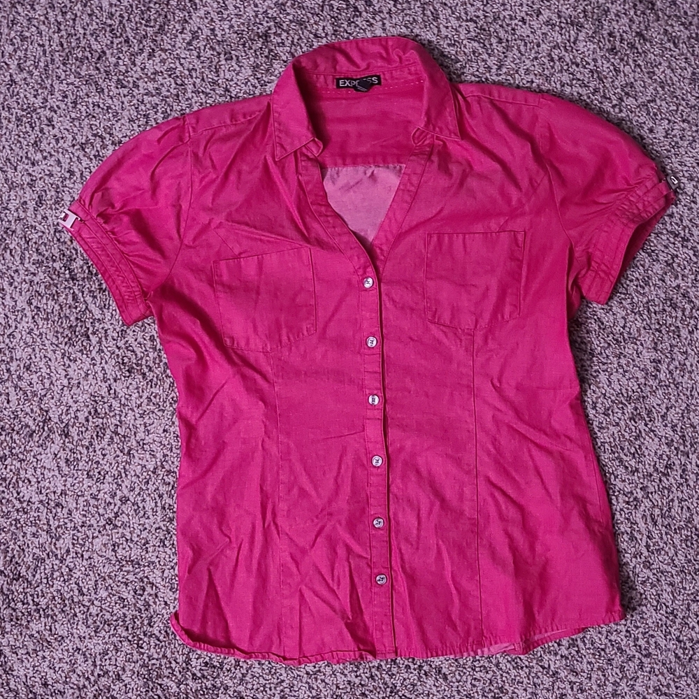 Bright Pink Button-Up Short Sleeve Blouse